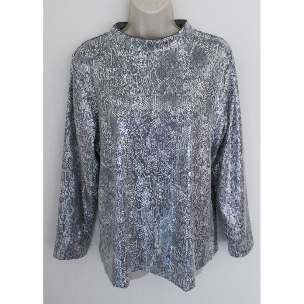 Chico's Top Size 2 Large Gray Snake Print Sequin Mock Neck Long Sleeve Party